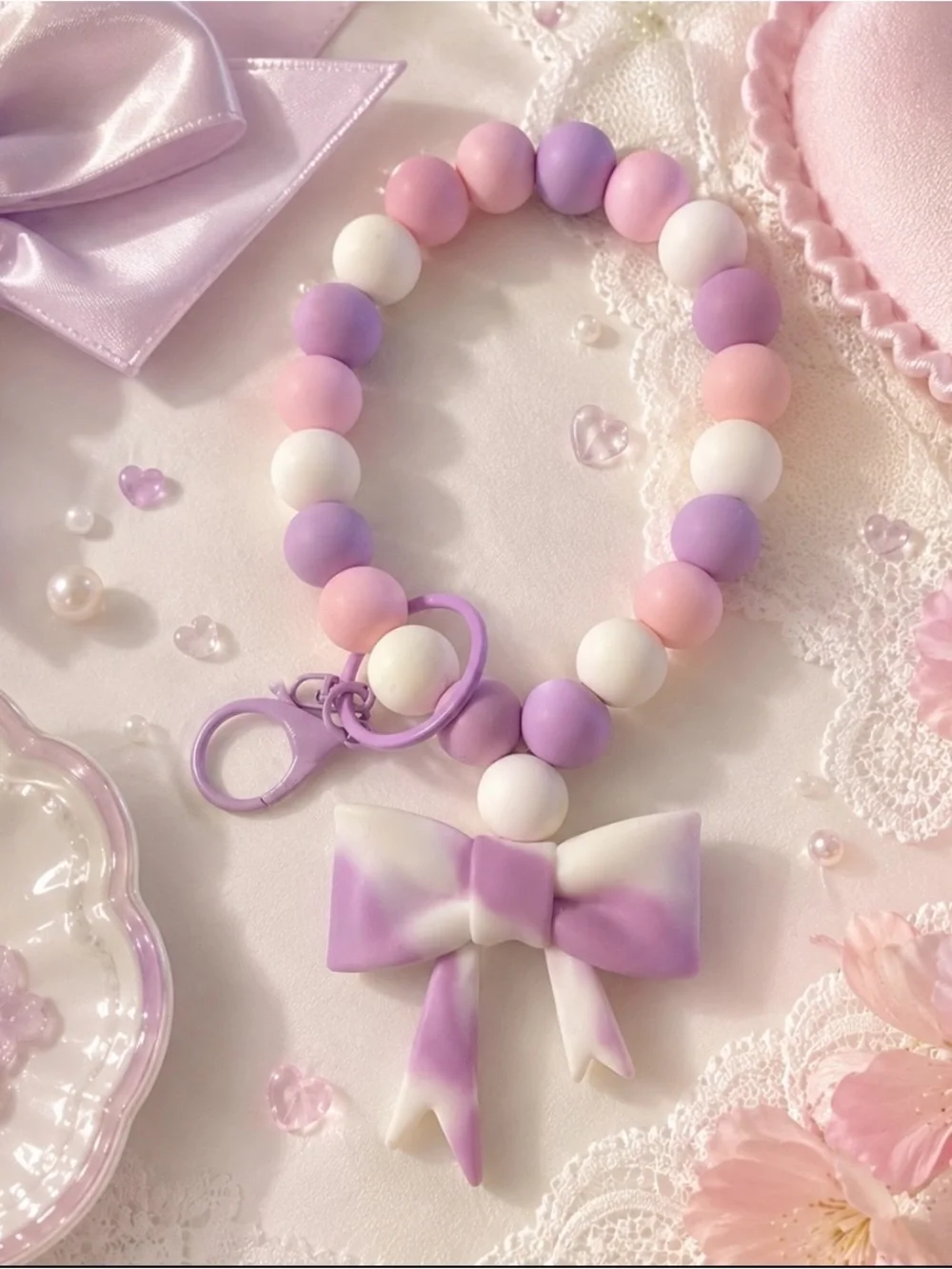 Hand Crafted Pink Lavender White Beaded Bow Wristlet Keychain